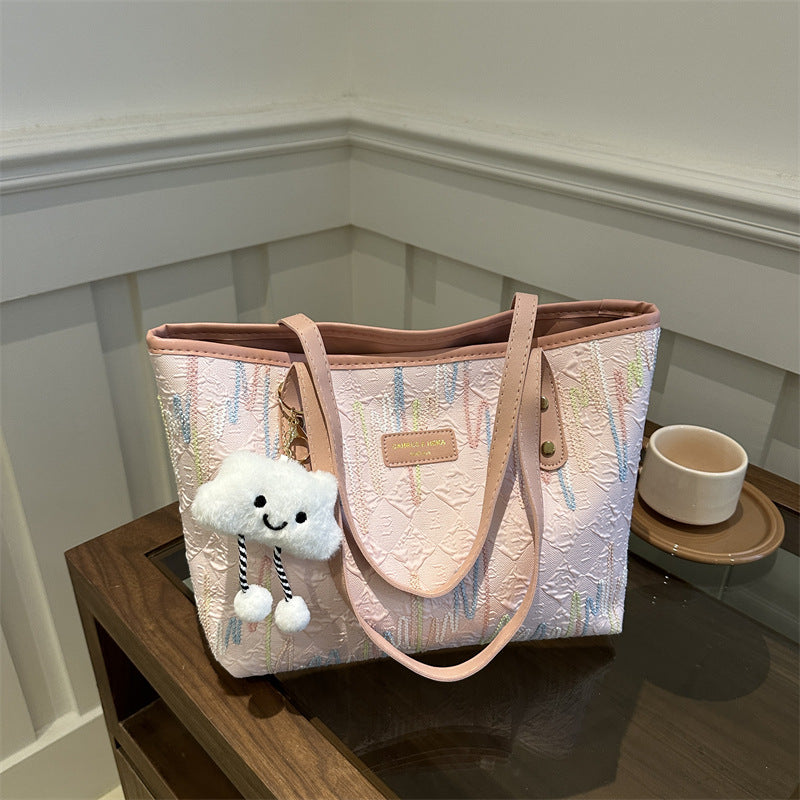 Leisure Commute Large Capacity Bag Women's New Fashion Shoulder Striped Embroidered Tote Bag