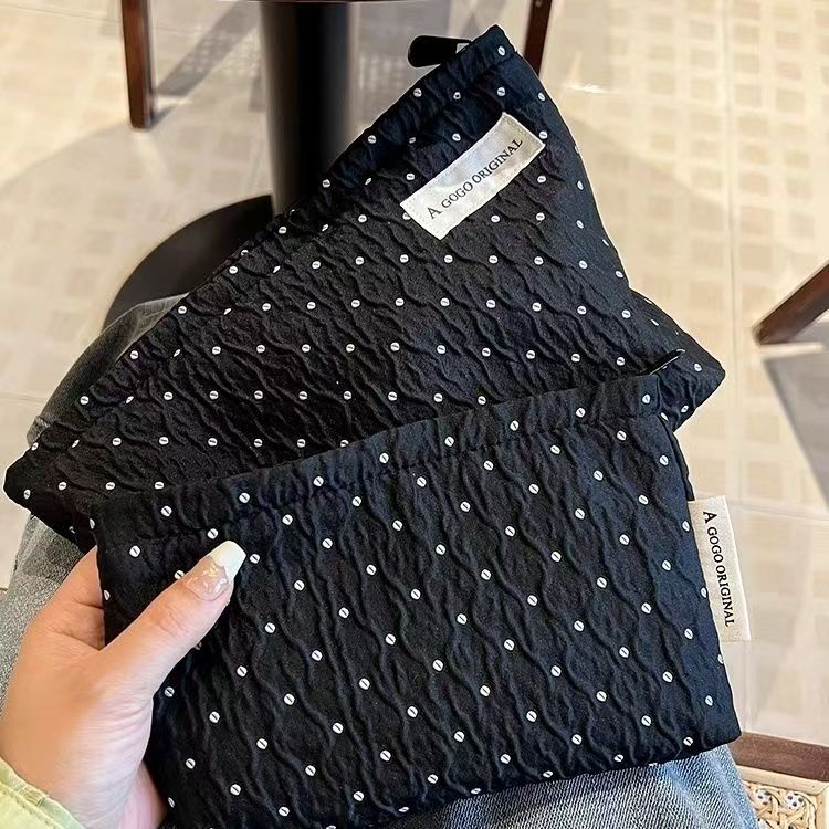 Elegant Polka Dot Clutch with Pearl Chain - Soft Cotton Makeup Bag for Travel and Daily Use