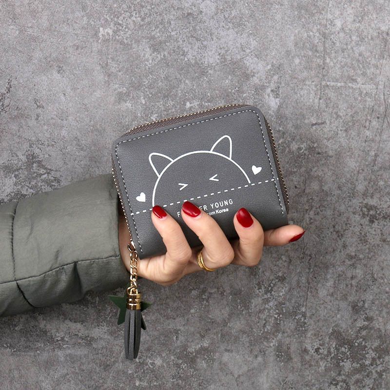 Cute Cat Zipper Wallet with Tassel Charm for Women, Stylish Card Holder and Coin Purse with Sweet Animal Design