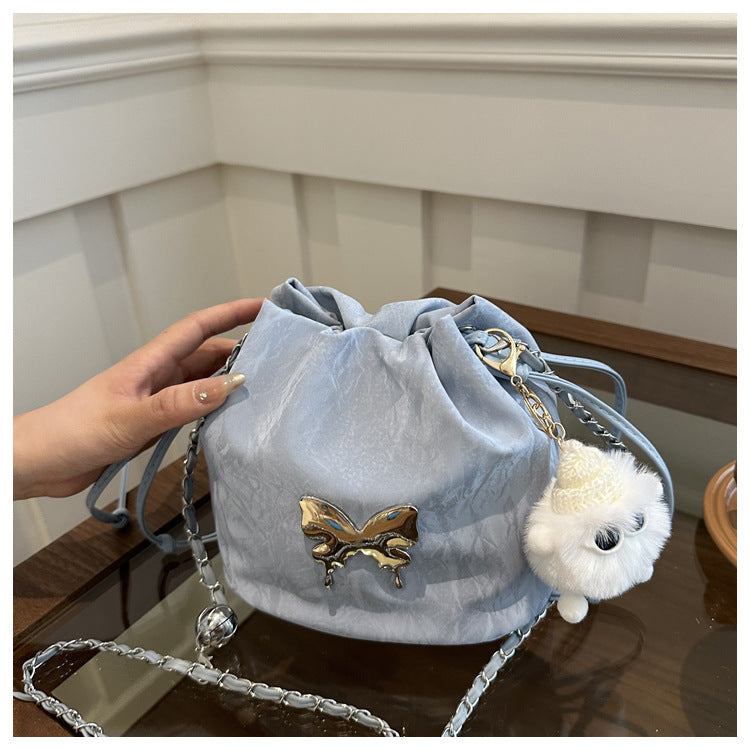 Fashionable Drawstring Bucket Bag with Chain Strap and Cute Pom-Pom Charm for Women