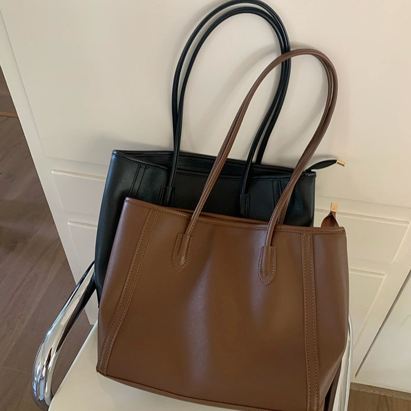 2025 New Fashion Large Capacity Tote Bag for Women, Vintage Style PU Leather Shoulder Bag with Zipper Closure and Nylon Lining, Perfect for Daily Commute and Casual Outfits
