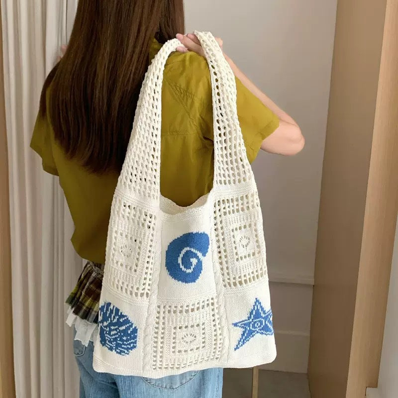 Women's Shoulder Bag Artistic Style Crocheted Daisy Tote Bag Beach Vacation Lightweight Shoulder Bag Leisure Travel Essential Woven Handbag