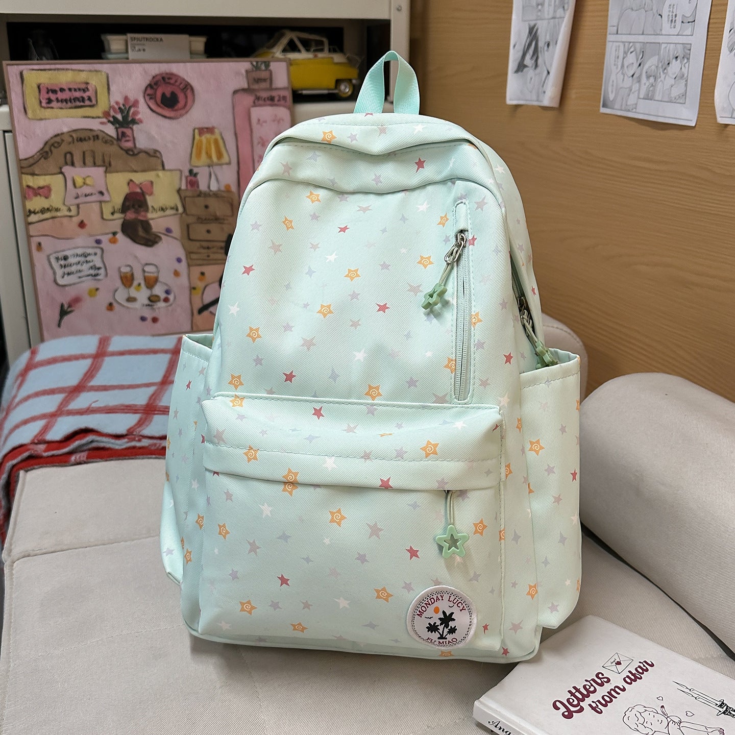Cute Pastel Star Print Backpack for Girls, Soft Nylon School Bag with Front Pocket and Charm Design, Perfect for Elementary Students