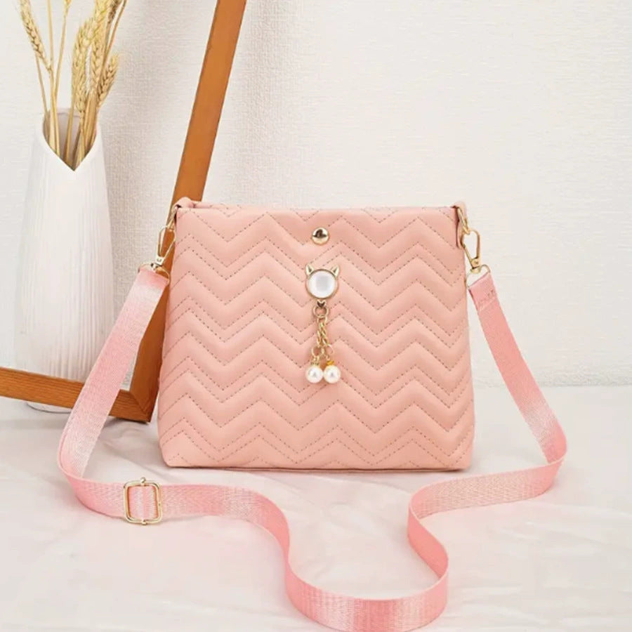 Chic Chevron Quilted Crossbody Bag with Cat Pearl Charm and Magnetic Closure for Daily Fashion