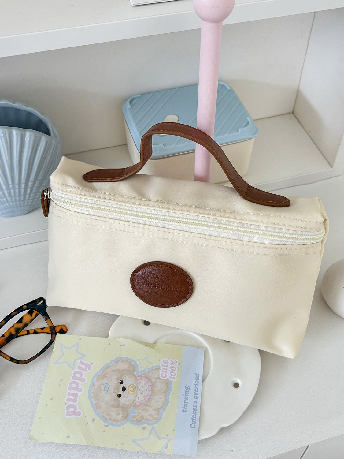 Elegant Nylon Cosmetic Bag with Leather Accent Handle, Lightweight & Portable for Daily Use
