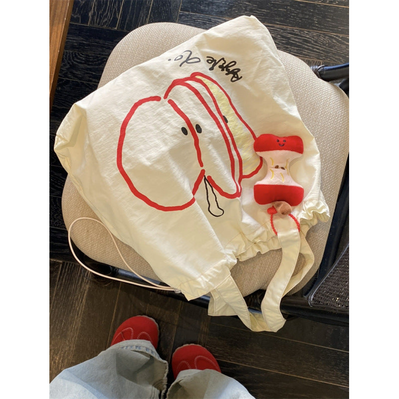 Cute Apple Print Women's Drawstring Tote Bag Lightweight and Large Capacity All-Match Cartoon Fashion Shoulder Bag
