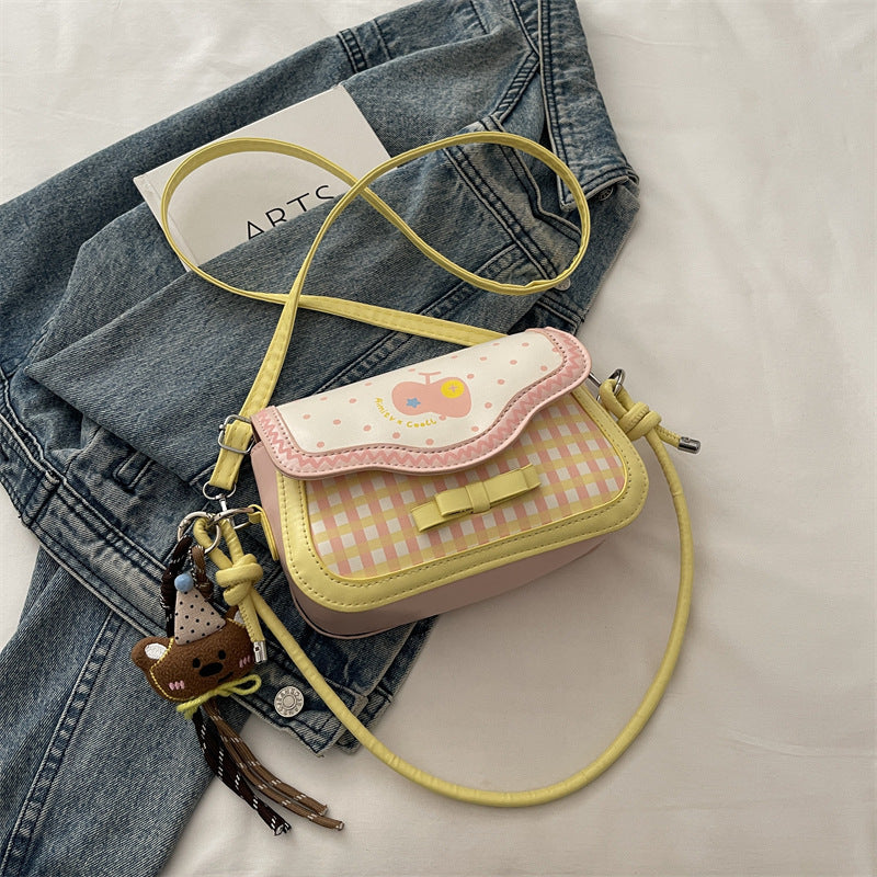 Cute Apple Small Square Bag Urban Simple Style Plaid Bow Design Fashionable All-Match Shoulder Messenger Bag