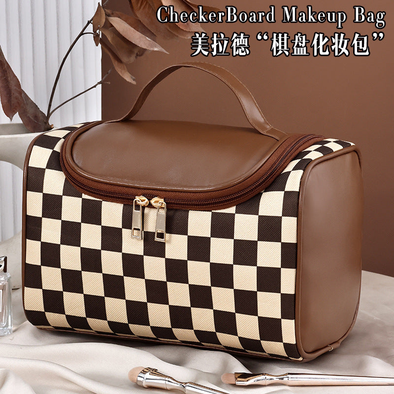 Checkered Hotdog Design Large Capacity Waterproof Cosmetic Bag for Travel and Daily Use