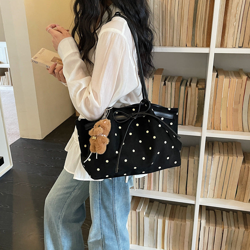 Vintage Polka Dot Tote Bag with Cute Bear Charm, Fashionable Drawstring Shoulder Bag for Daily Commute and Casual Outings