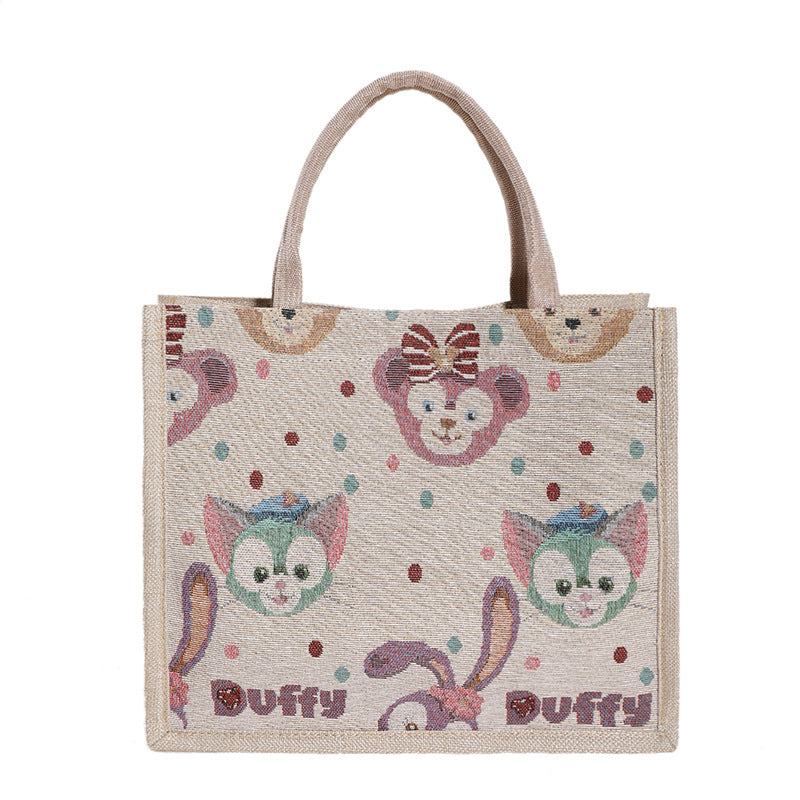 Cute Printed Cotton and Linen Women's Handbag with Duffy Character Pattern Large Capacity Buggy Bag