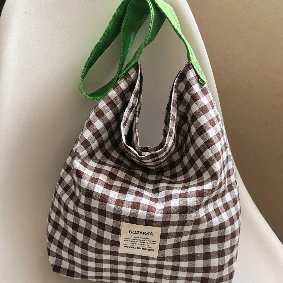 Cute Checkered Canvas Tote Bag with Colorful Handles for Daily Use and Shopping