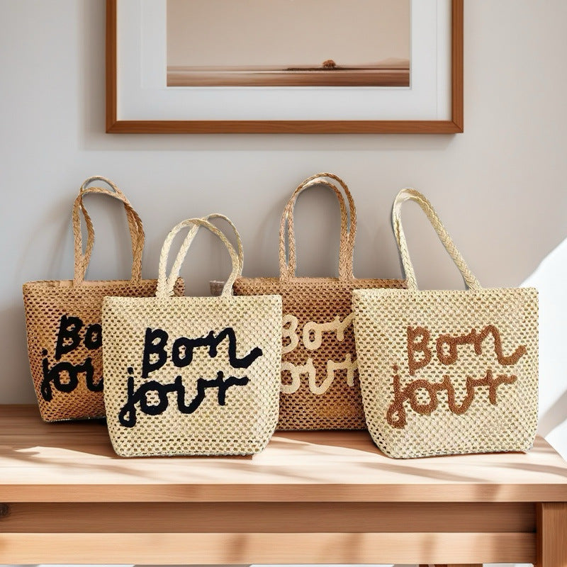 2025 New Letter Embroidery Woven Tote Bag Fashionable Shoulder Straw Bag Large Capacity Casual Beach Style