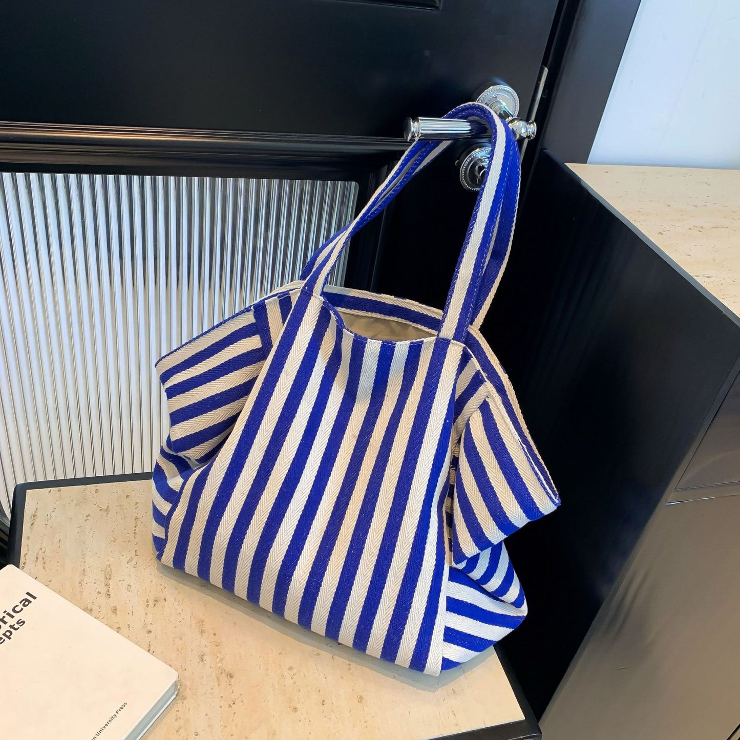 Korean Style Striped Canvas Tote Bag 2025 Summer Large Capacity Student Shopping Bag Simple Urban Design