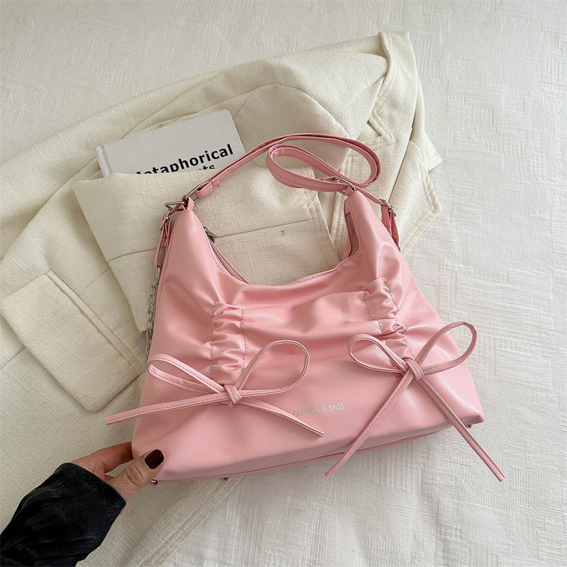 New Pleated Bow Tote Bag Women's Large Capacity Commuter Shoulder Chain Design Urban Simple Style