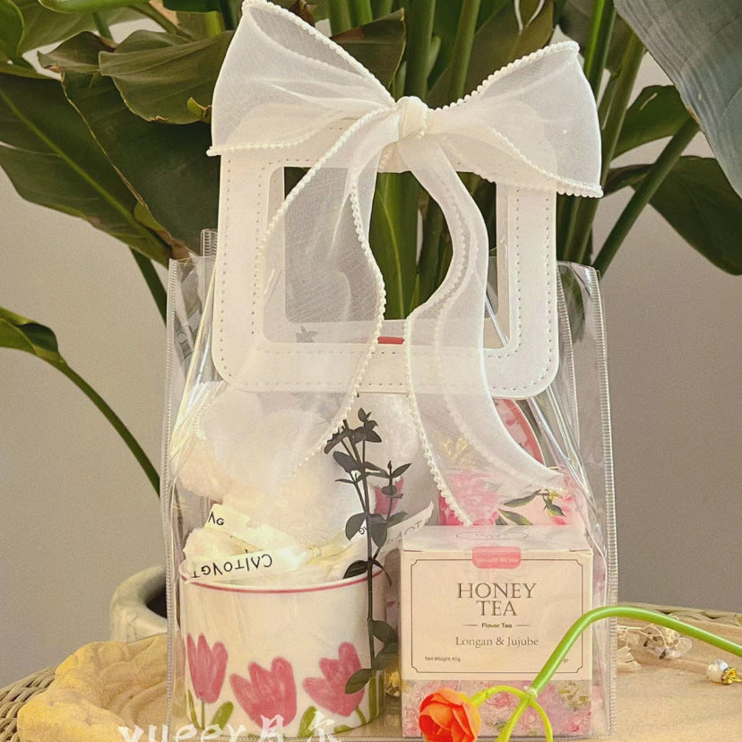 Chic Transparent PVC Tote Bag with Floral Print and Satin Handle for Gift Packaging and Everyday Use