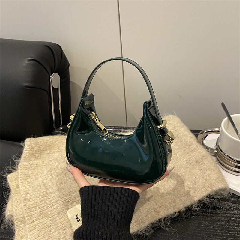 Elegant French-Style Moon Bag with Glossy PU Finish, Fashionable Handheld Design for Daily Chic