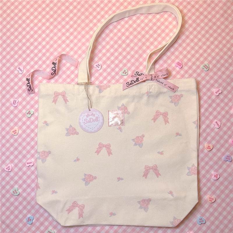 Cute Floral Tote Bag for Women 2024 Korean Style Bow Print Canvas Shoulder Bag for Daily Use and Commuting