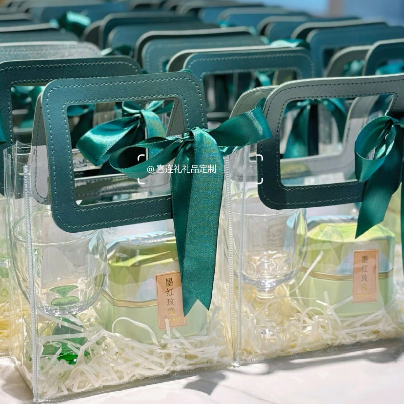Chic Transparent PVC Tote Bag with Floral Print and Satin Handle for Gift Packaging and Everyday Use