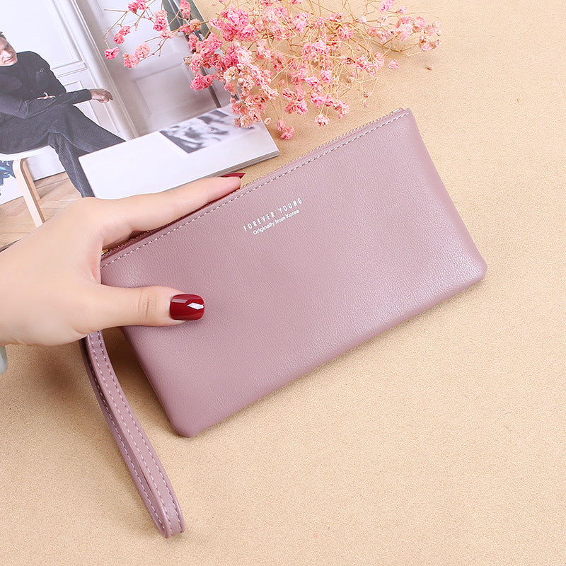 Korean Style Zipper Handbag Women's Large Capacity Everyday Fashion Wallet with Wrist Strap Litchi Pattern Design