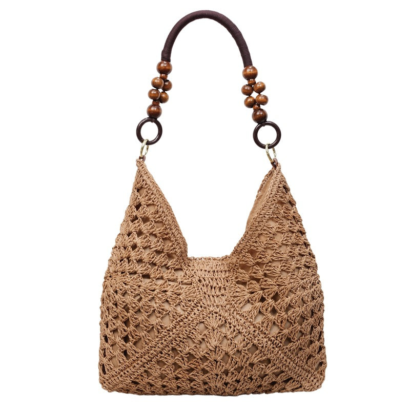 Boho Chic Handwoven Tote Bag with Wooden Bead Handle - Large Capacity Beach & Everyday Style