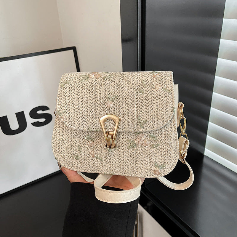 Chic Embroidered Woven Crossbody Bag for Women, Fashionable Casual Style with Golden Clasp and Adjustable Strap