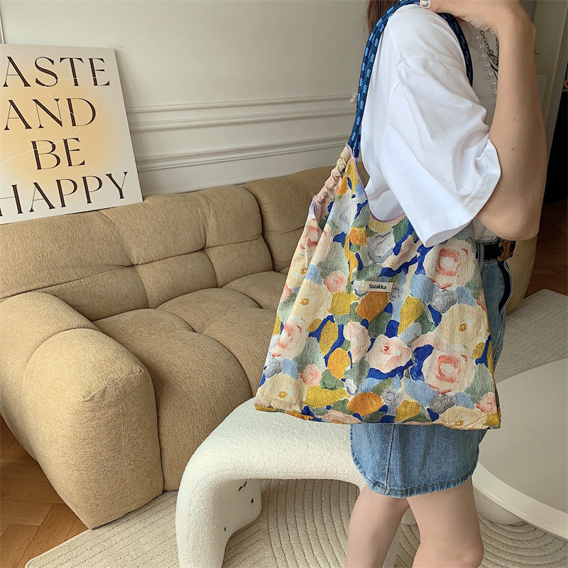 Korean Style Summer Large Capacity Hand Shoulder Bag Drawstring Shopping Bag Fresh Floral Tote Bag Underarm Bag