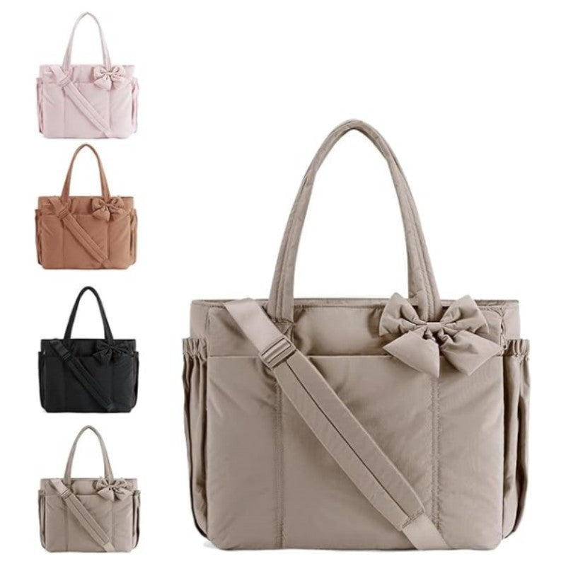 Large Capacity Tote Bag with Bow Detail, Nylon Casual Travel Shoulder Bag for Women, Multiple Pockets and Adjustable Strap