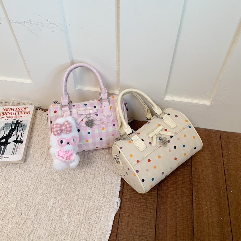 Cute Korean Summer Handbag with Polka Dot Bowknot Design, Soft Cylinder Shape Tote for Daily Use