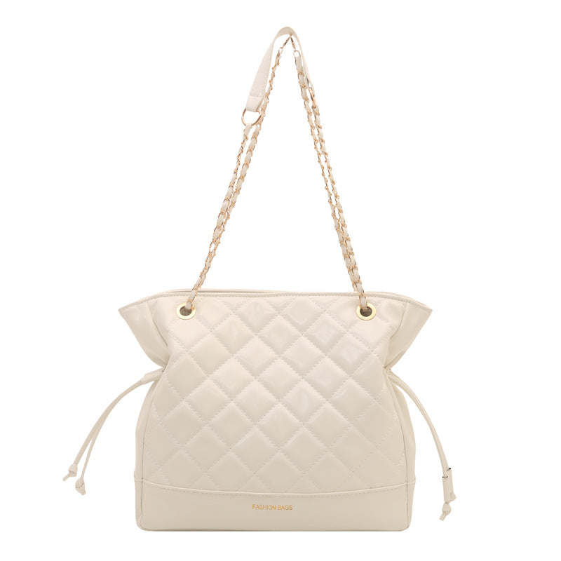 Retro Diamond Plaid Bucket Bag Women's Shoulder Chain Design Drawstring Closed Commuter Fashion All-Match Handbag