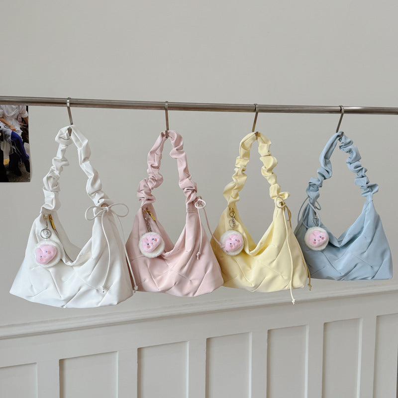 2026 New Korean Style Large Capacity Shoulder Bag with Cute Pom-Pom Charm, Soft Quilted Design for Daily Use