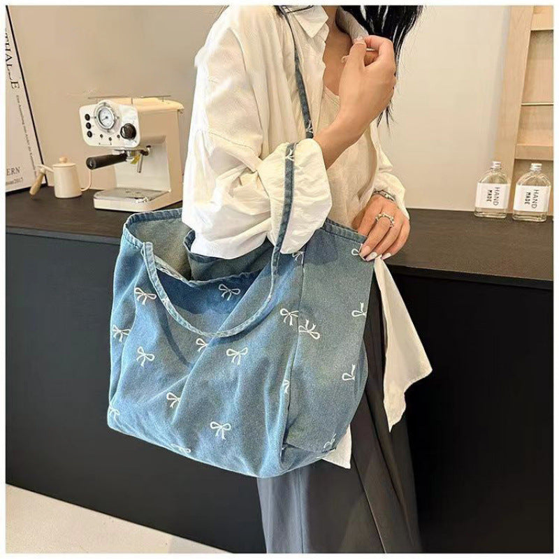 Cute Bow Embroidered Denim Tote Bag for Women, Large Capacity Casual Shoulder Bag with Lace Trim and Inner Pocket