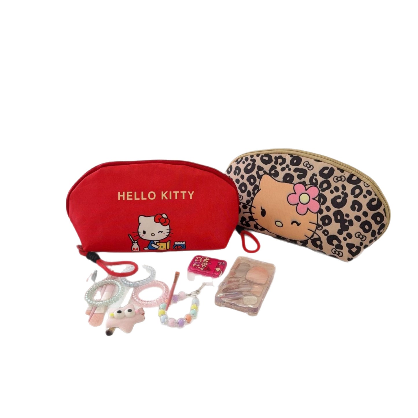 Leopard Print Cartoon Cat Cosmetic Bag with Rope Handle, Large Capacity Waterproof Makeup Pouch for Women