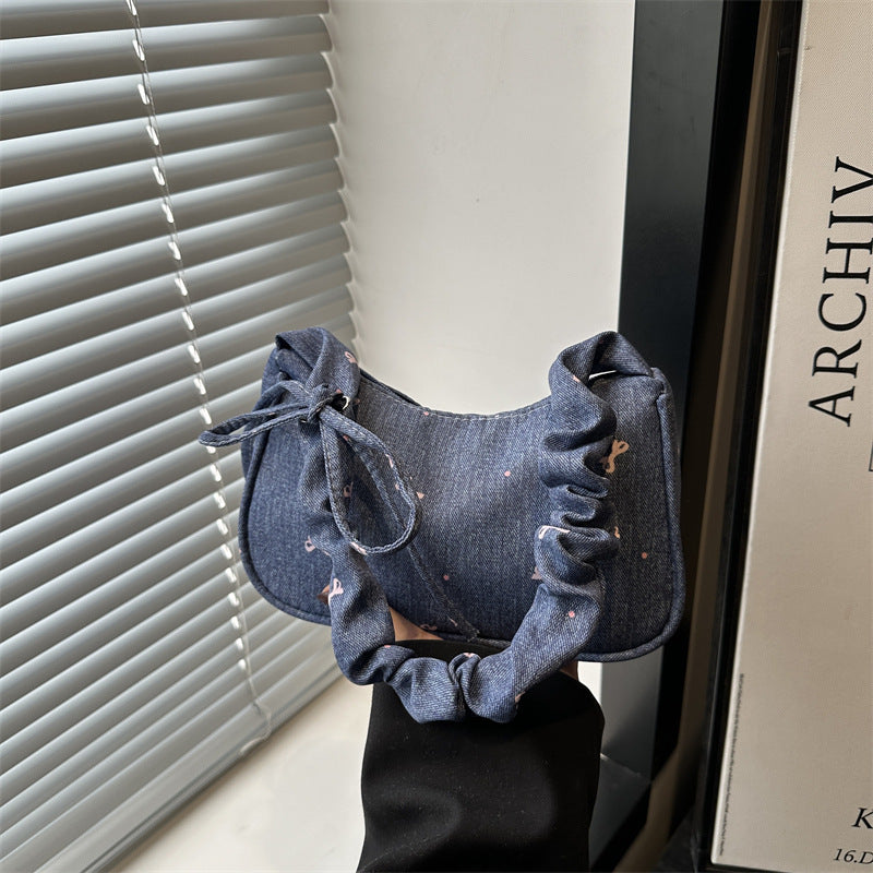 2025 New Denim Crossbody Bag for Women, Trendy Street Style with Bow Strap and Zipper Closure, Perfect for Daily Outfits
