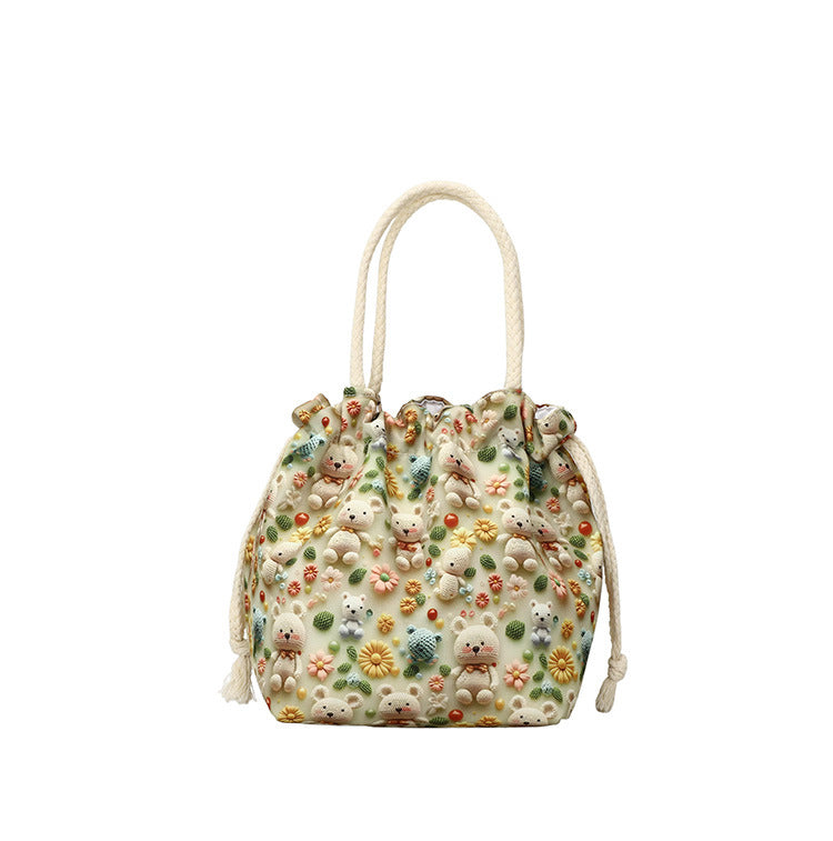 Makeup Bucket Mobile Phone Bag Female Sweet Fresh Pastoral Style Printed Tote Bag Lightweight Drawstring Bundle Bag