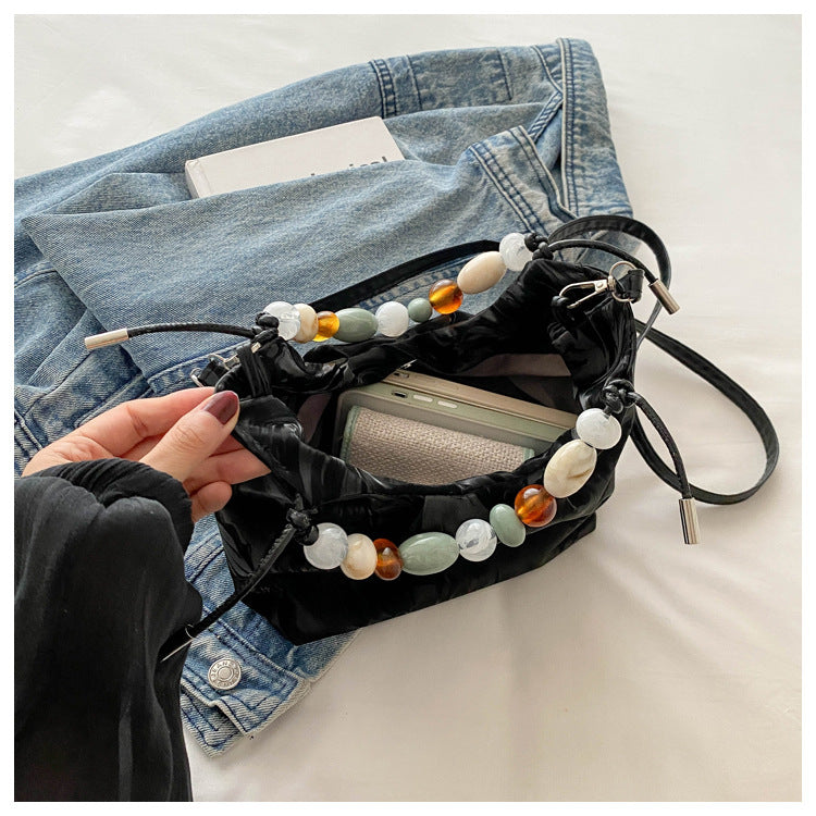 Elegant Marbled PU Bucket Bag with Beaded Handle, Minimalist Crossbody Design for Daily Wear
