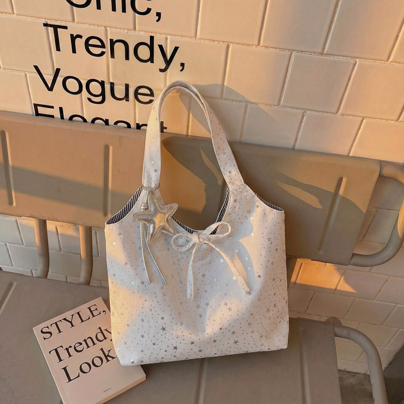 Starry Tote Bag for Women 2026 New Fashion Large Capacity Daily Commute Simple Style Shoulder Bag with Bow and Star Charm