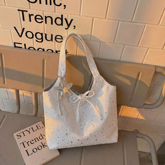 Starry Tote Bag for Women 2026 New Fashion Large Capacity Daily Commute Simple Style Shoulder Bag with Bow and Star Charm