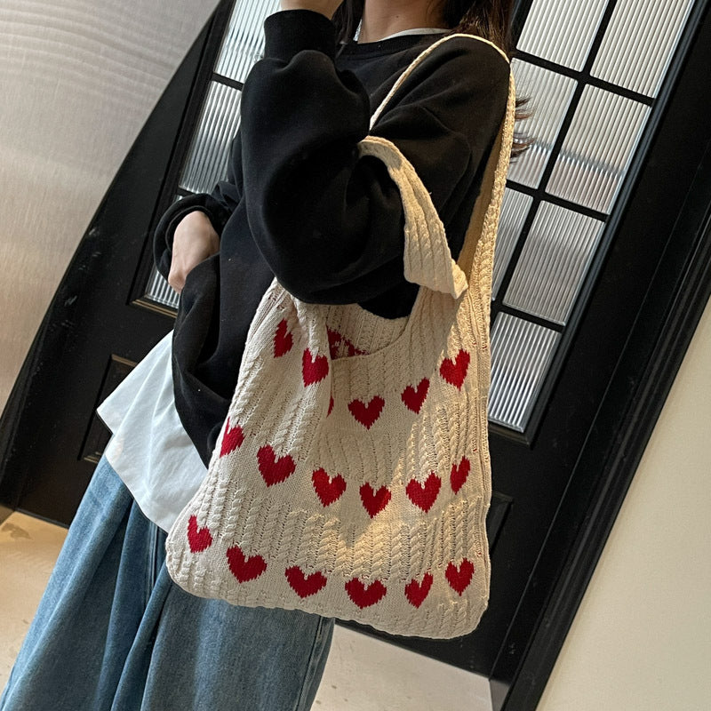 Women's Shoulder Bag Love Pattern Knitted Tote Bag Soft Handmade Shoulder Bag Daily Matching Fashion Tote Bag