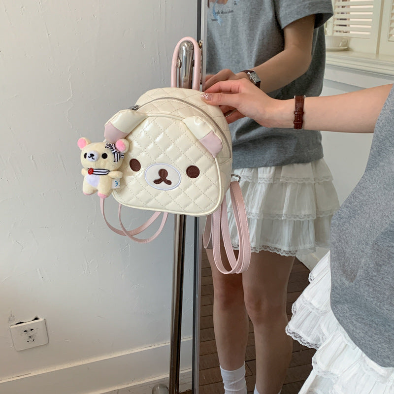 Cute Cartoon Bear Backpack with Quilted Design and Detachable Plush Charm for Daily Use