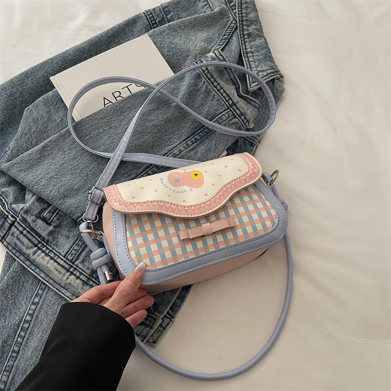 Cute Apple Small Square Bag Urban Simple Style Plaid Bow Design Fashionable All-Match Shoulder Messenger Bag