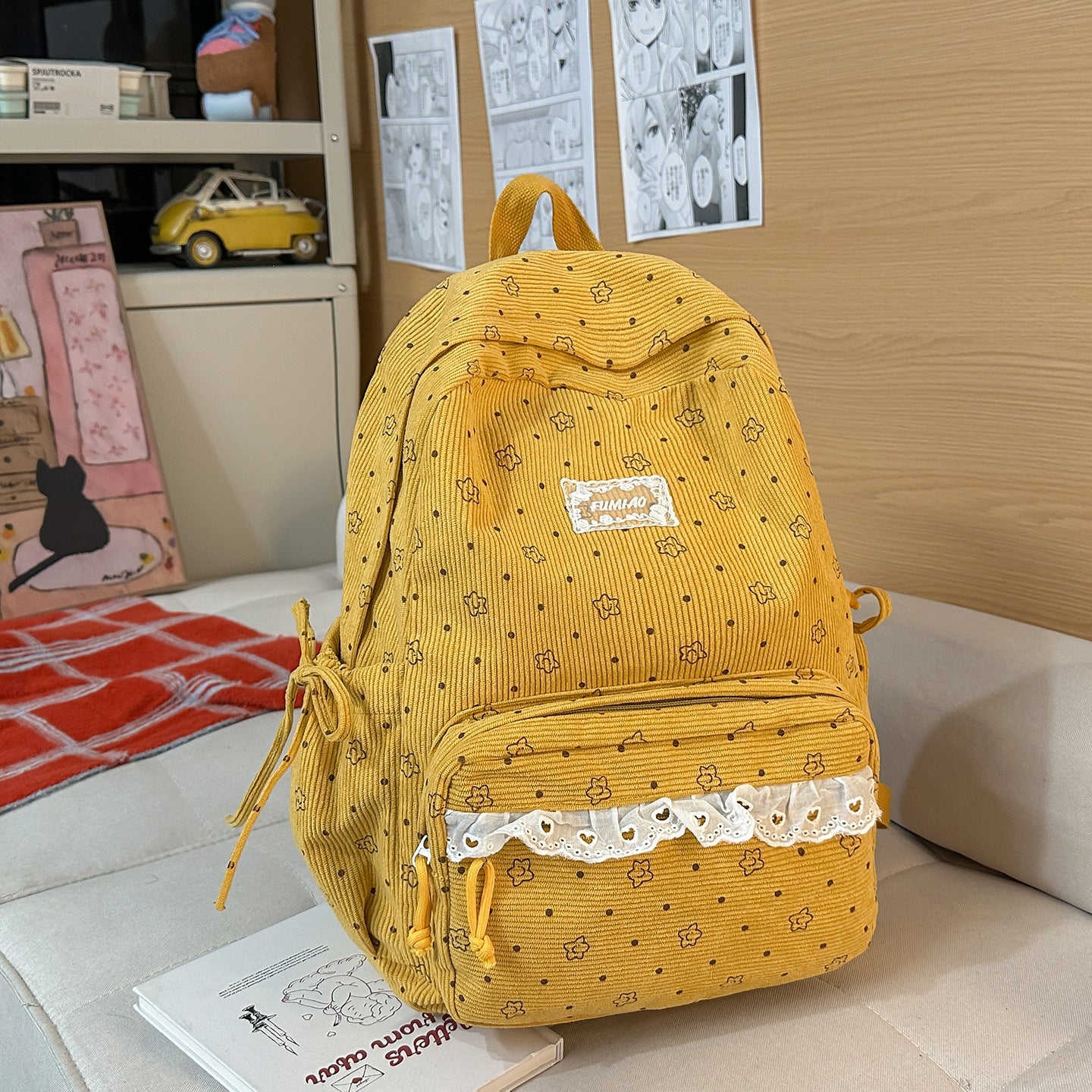 Artistic Fresh Student Backpack Soft Corduroy Material Lace Large Capacity Breathable Design