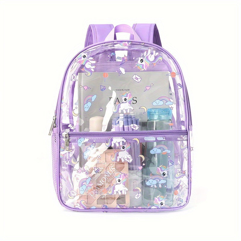 Cute Cartoon Printed Transparent Backpack for Kids, Waterproof PVC School Bag with Dual Compartment and Unicorn Design