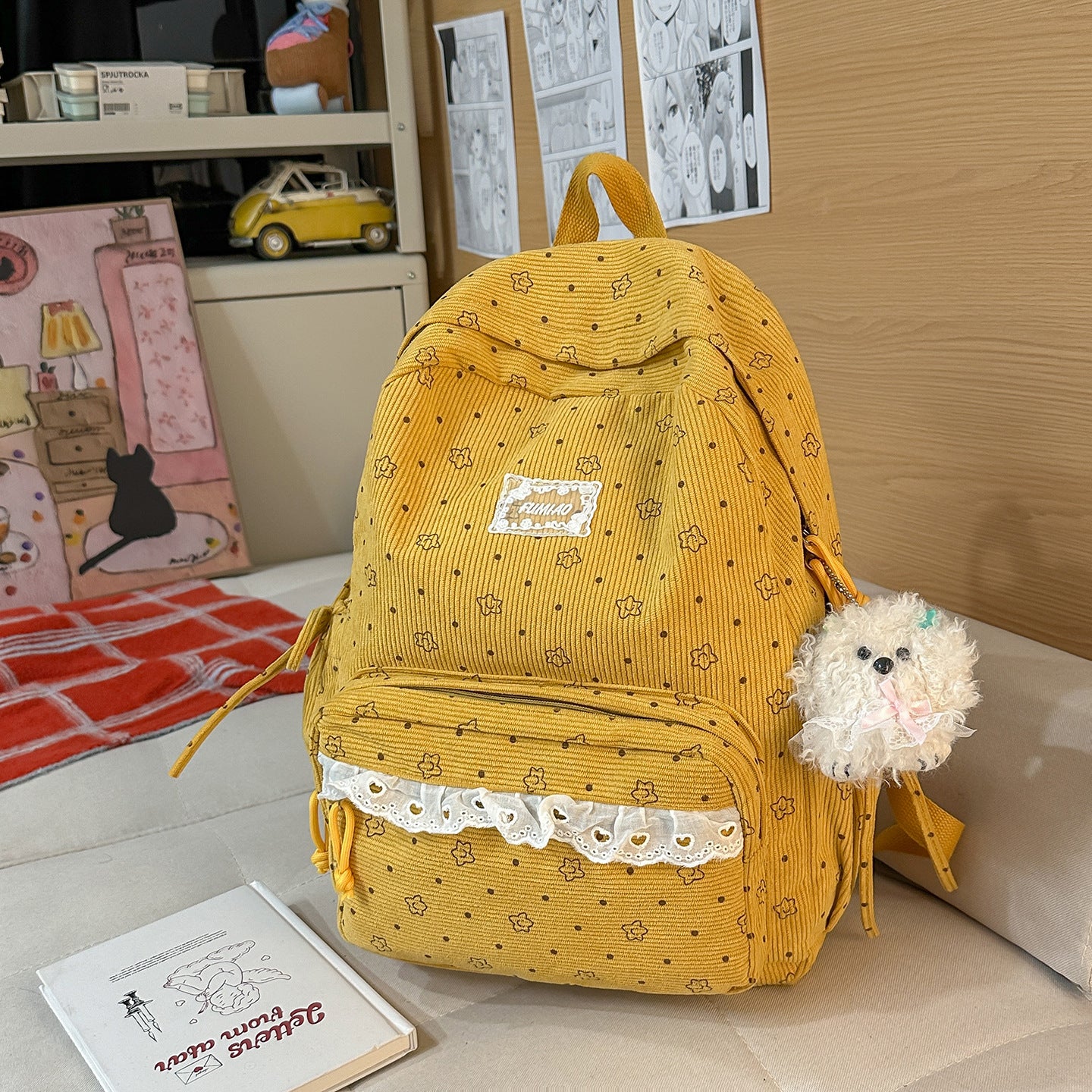Artistic Fresh Student Backpack Soft Corduroy Material Lace Large Capacity Breathable Design