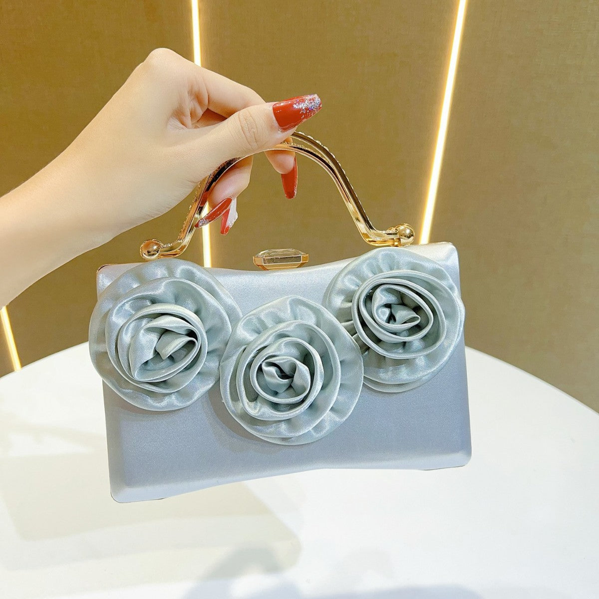 Elegant Floral Satin Clutch Bag with Gold Handle for Party and Evening Events