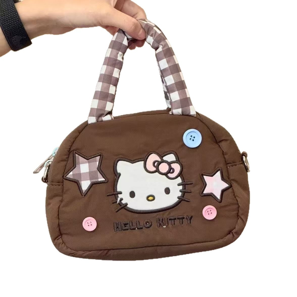 Cute Hello Kitty Quilted Crossbody Bag with Star Applique and Checkered Strap for Daily Use