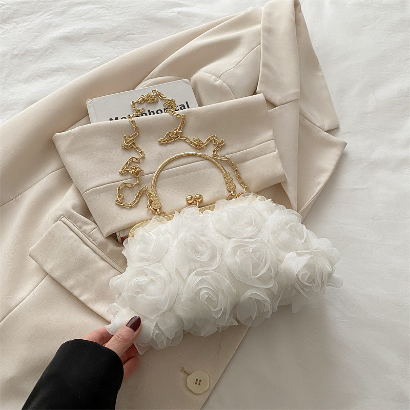 Chiffon Three-Dimensional Flower Dinner Bag Champagne Women's Handmade Dress Garment Bag Chain Decoration Handbag