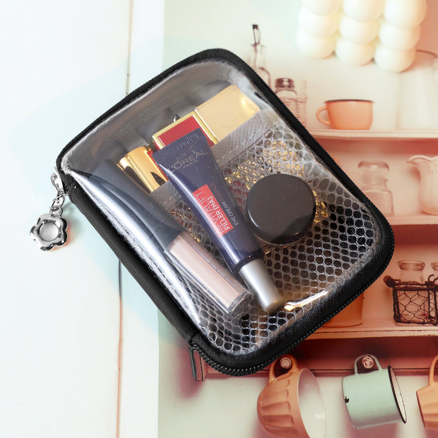 Portable Makeup Pouch with Mesh Compartment for Travel and Daily Use - Organized Cosmetic Storage Bag