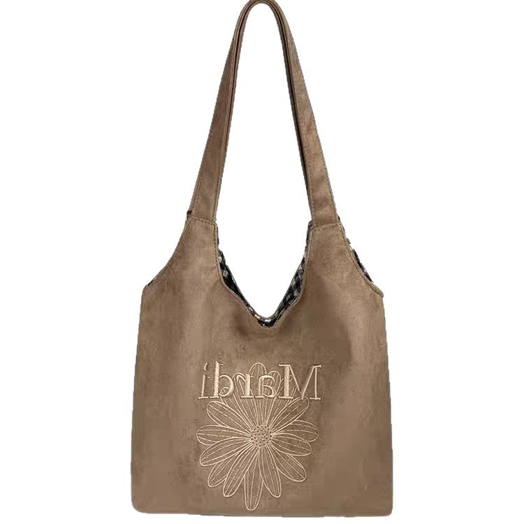 Korean Style Retro Embroidered Tote Bag for Women, Large Capacity Casual Shoulder Crossbody Bag with Floral Design and Cute Keychain