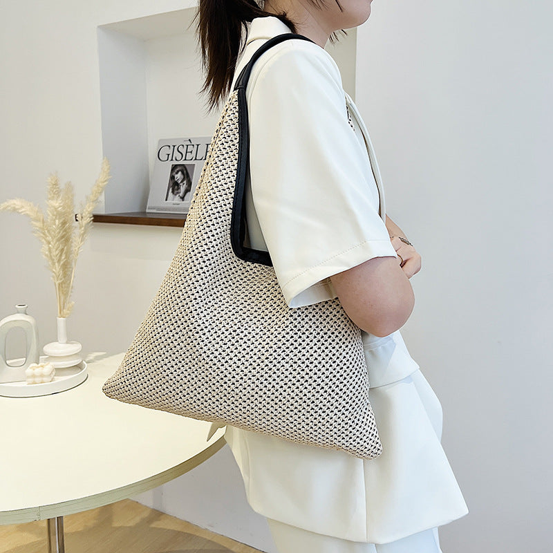 Fashion Straw Tote Bag Women's Large Capacity Hollow Design Casual Beach Shoulder Bag