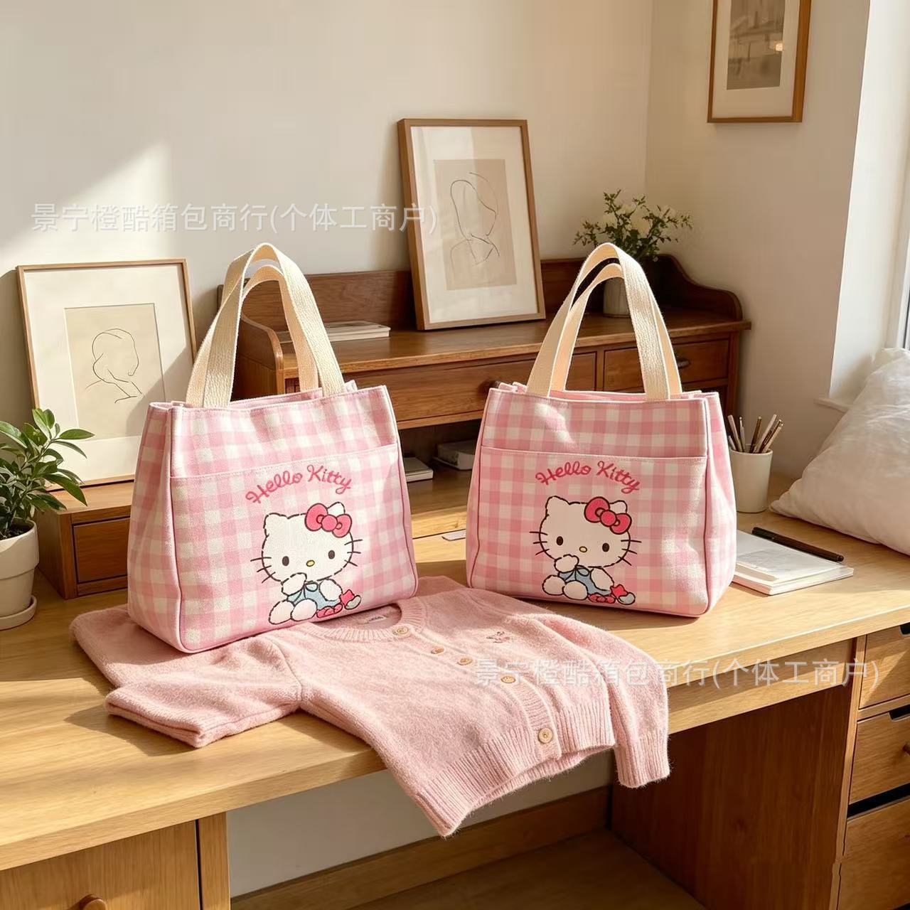 Cute Hello Kitty Checkered Canvas Tote Bag with Large Capacity for Daily Use, Perfect for Students and Office Workers